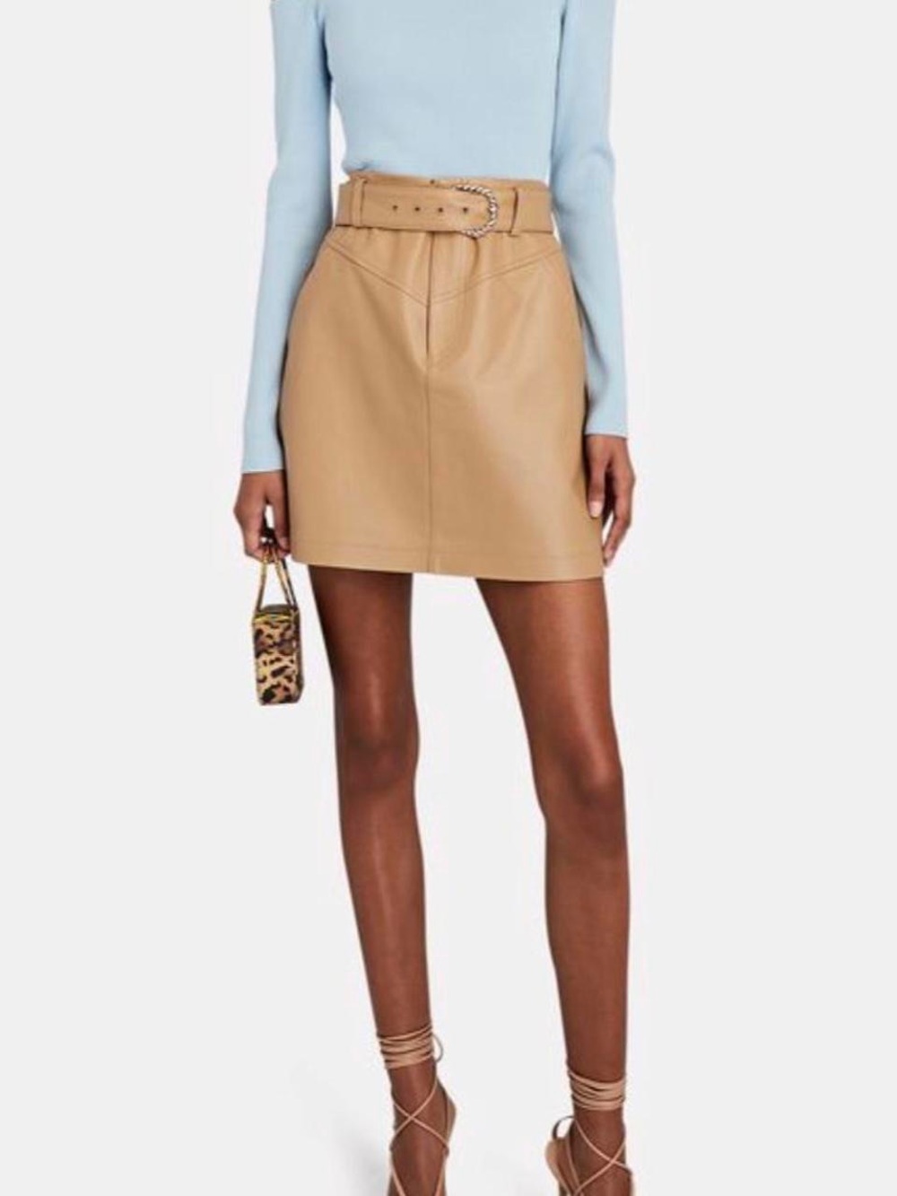 INTERMIX “Sloane” Tan Belted Lamb Leather Belted Boho Mini Skirt 8